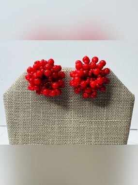Czech Red Cluster Bead Screw Back Earrings